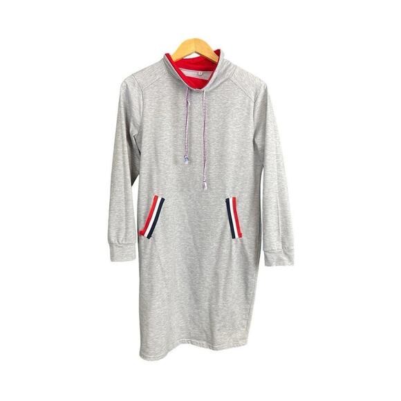 Sweatshirt Dress Gray and Red Women Size Medium Shrug Neck Drawstring Cotton - Picture 1 of 9